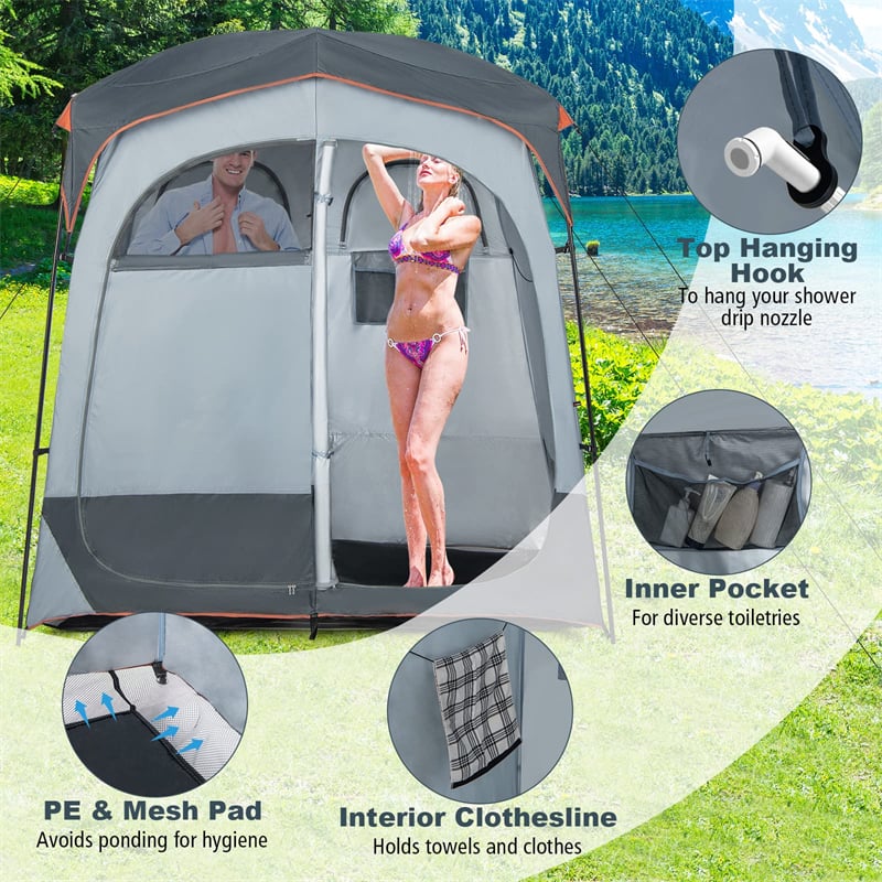 2 Room Shower Tent Oversize Camping Privacy Shelter Portable Outdoor Shower Tent Dressing Toilet with Floor & Removable Rain Fly