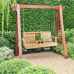 2-Seat Wooden Porch Swing Garden Hanging Swing Bench with Adjustable Chains, Folding Cup Holders, High Backrest & Armrests