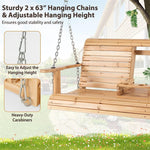 2-Seat Hanging Porch Swing Wood Outdoor Patio Swing Bench with Folding Cup Holder & Metal Chains