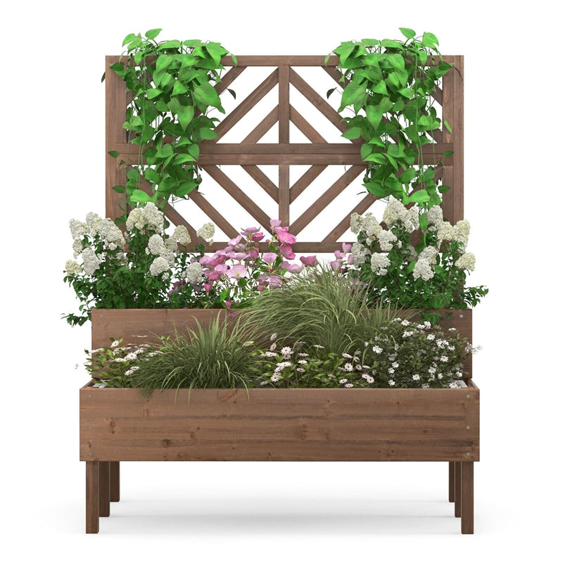 2-Tier Raised Garden Bed with Trellis Outdoor Wooden Elevated Planter Box with Legs & Drain Holes for Vegetables