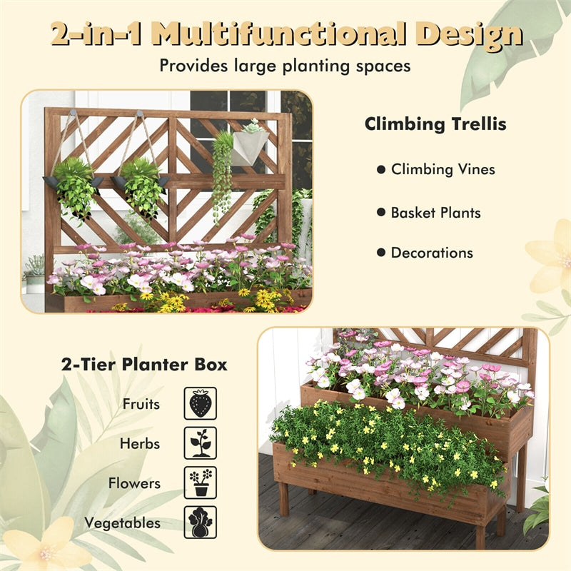 2-Tier Raised Garden Bed with Trellis Outdoor Wooden Elevated Planter Box for Vegetables