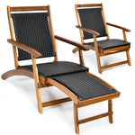 2 Pack Acacia Wood Folding Wicker Chaise Lounge Patio Lounge Chair Relining Pool Chair with Retractable Footrest