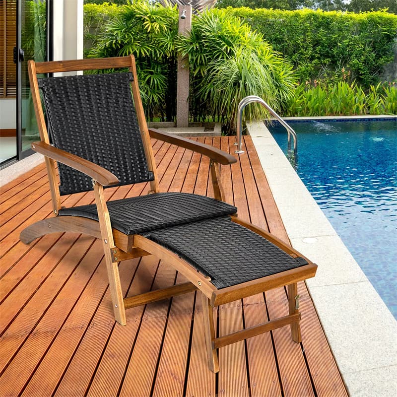 2 Pack Acacia Wood Folding Wicker Chaise Lounge Patio Lounge Chair Relining Pool Chair with Retractable Footrest