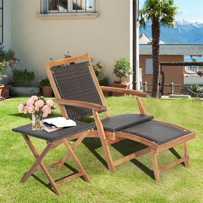 2Pcs Acacia Wood Folding Wicker Patio Lounge Chair Side Table Set with Retractable Footrest