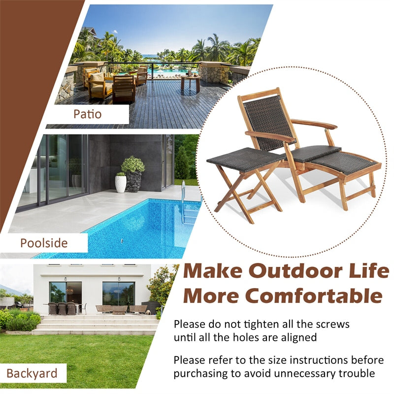 2-Piece Acacia Wood Folding Wicker Patio Lounge Chair Side Table Set with Retractable Footrest