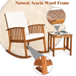 2-Piece Outdoor Rocking Bistro Set Acacia Wood Garden Patio Rocking Chair with Tea Table, Detachable Back & Seat Cushions
