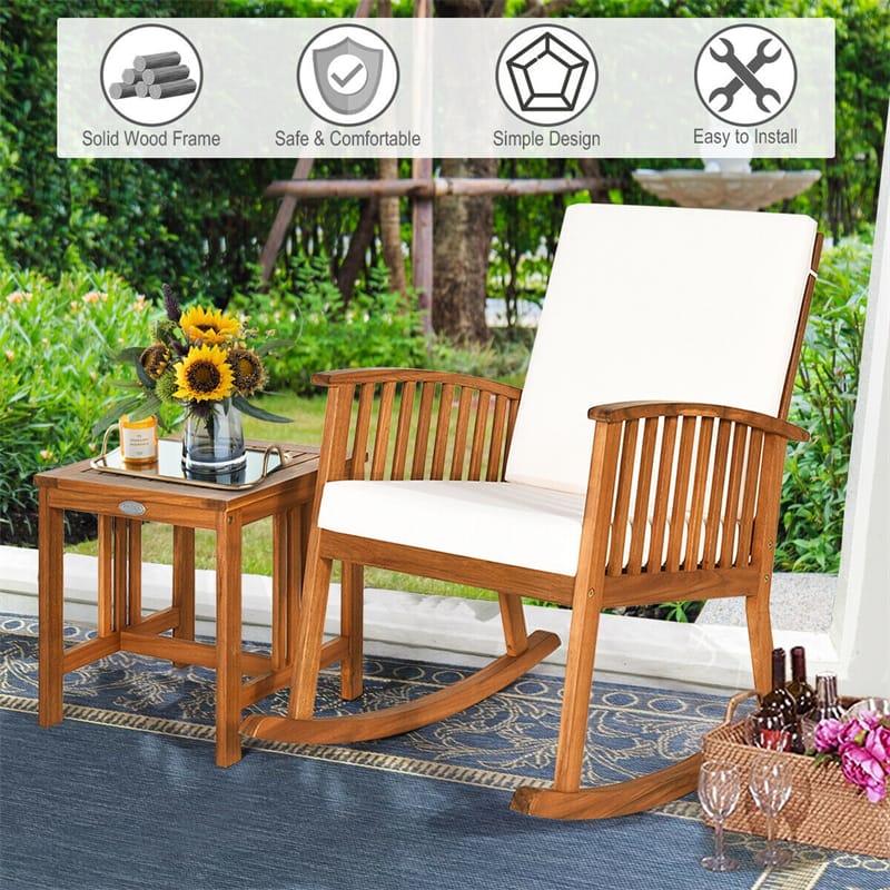 2-Piece Outdoor Rocking Bistro Set Acacia Wood Garden Patio Rocking Chair with Tea Table, Detachable Back & Seat Cushions