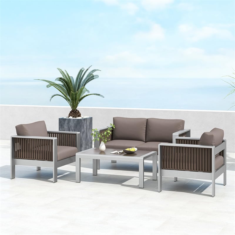 2PCS Aluminum Single Sofa Outdoor Club Chair Alloy Patio Accent Chair Garden Armchair with Thick Back & Seat Cushions
