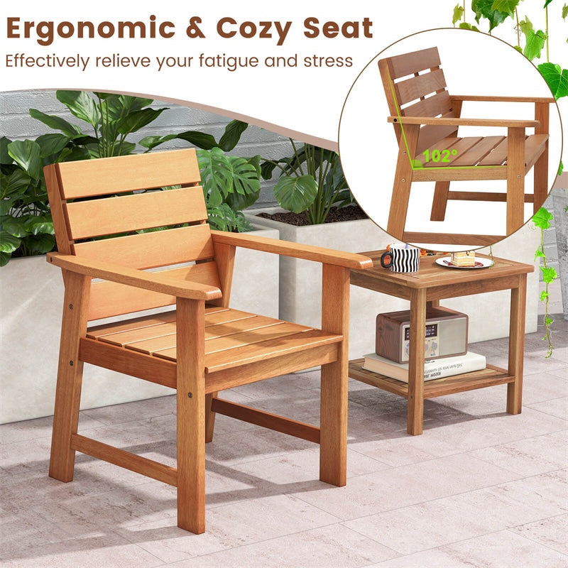 2 PCS Hardwood Patio Dining Chairs Ergonomic Outdoor Garden Chairs Dining Armchairs with Breathable Slatted Seats & Inclined Backrests