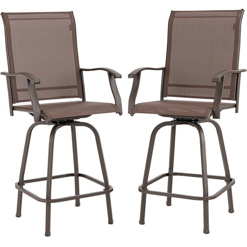2 Piece High Back Swivel Bar Stools All-Weather Outdoor Bar Height Chairs Steel Frame with Curved Armrests
