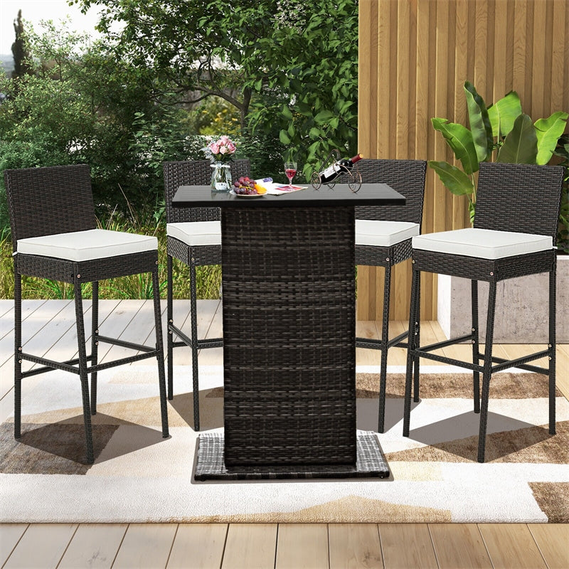 2 PCS Patio Wicker Barstools Outdoor Bar Height Chairs Heavy-Duty Metal Frame with Soft Seat Cushions & Footrests