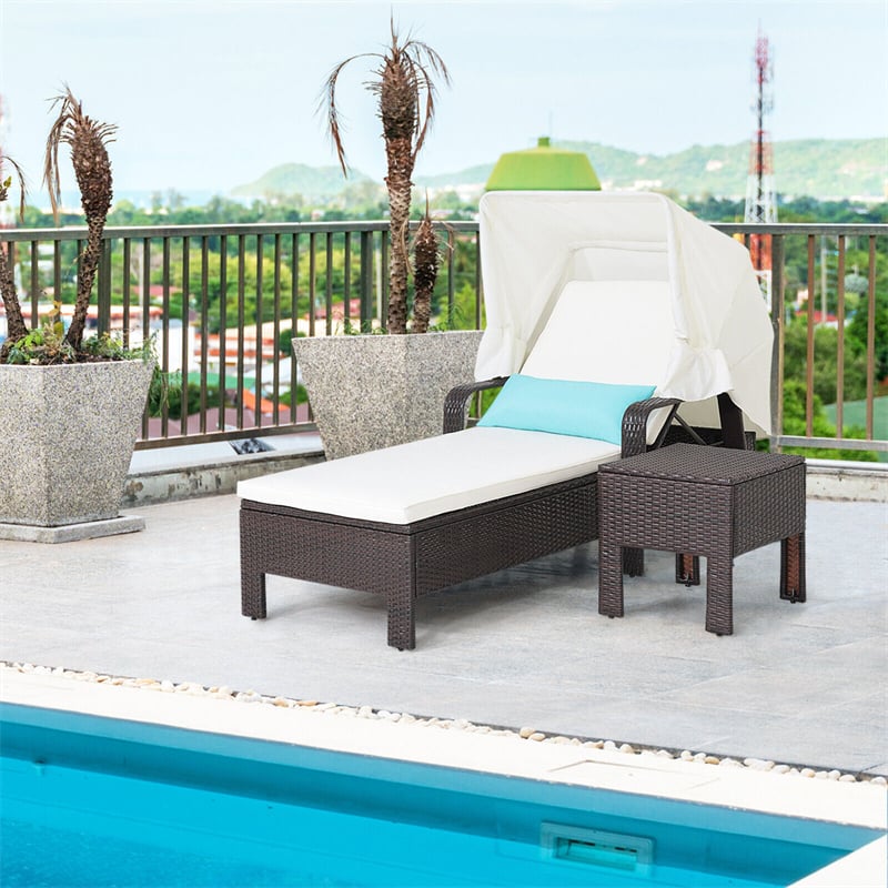 2 Piece Rattan Outdoor Chaise Lounge Chair Table Set with Folding Canopy & Cushions, 6-Level Adjustable Backrest Pool Lounge Chair with Side Table