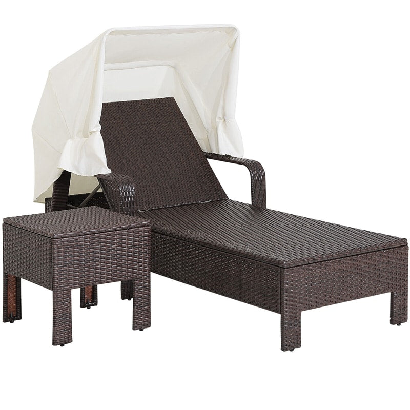 2 Piece Rattan Outdoor Chaise Lounge Chair Table Set with Folding Canopy & Cushions, 6-Level Adjustable Backrest Pool Lounge Chair with Side Table