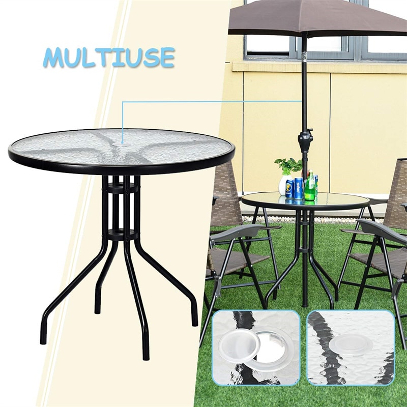 32" Round Outdoor Dining Table All Weather Patio Side Table with Umbrella Hole, Tempered Glass Top & Steel Frame