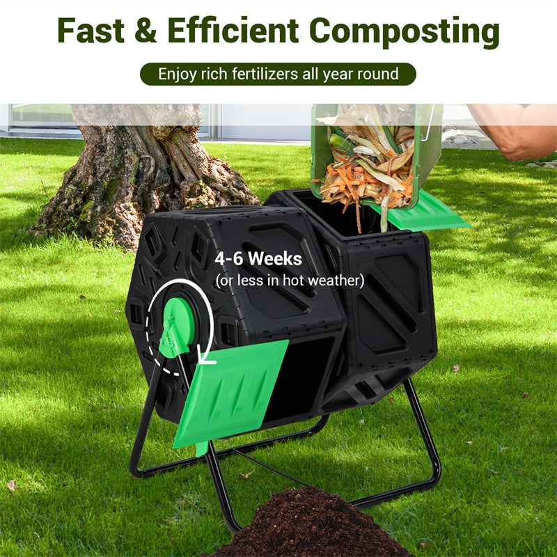 34.5 Gallon Dual Chamber Compost Tumbler High-Volume Outdoor Garden Rotating Compost Bin with Sliding Doors