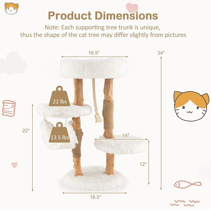 34" Tall Cat Tree Solid Wood Cat Tower Multi-Level Cat Activity Center with Warm Hammock Cozy Top Perch 2 Side Platforms & Jute Scratching Posts