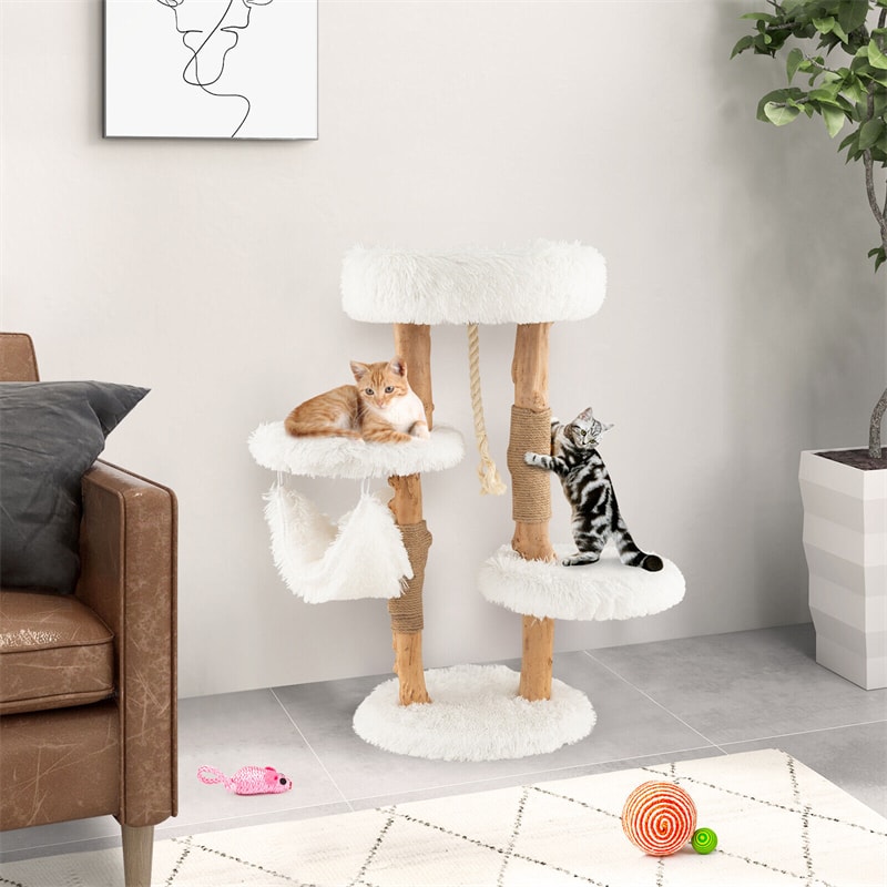 34" Tall Cat Tree Solid Wood Cat Tower Multi-Level Cat Activity Center with Warm Hammock Cozy Top Perch 2 Side Platforms & Jute Scratching Posts