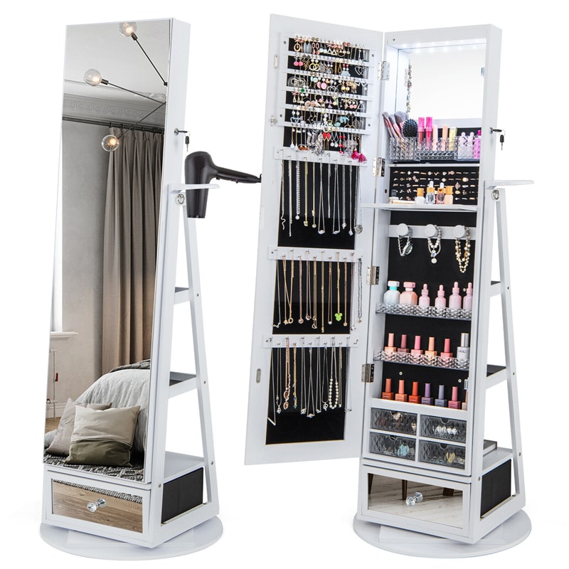 360° Swivel Jewelry Cabinet LED Lockable Jewelry Armoire with 64.5" H Full Length Mirror, Rear Storage Shelves & Large Bottom Drawer