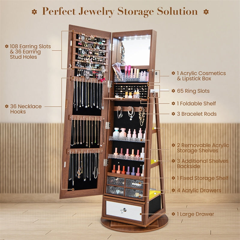 360° Swivel Jewelry Cabinet LED Lockable Jewelry Armoire with 64.5" H Full Length Mirror, Rear Storage Shelves & Large Bottom Drawer