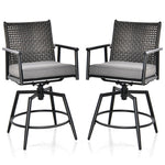 360° Swivel Outdoor Bar Stool Set of 2 Metal Frame Counter Height Bar Chairs with PE Rattan Backrests & Padded Cushions for Yard Balcony