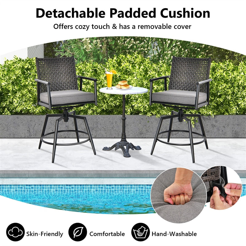 360° Swivel Outdoor Bar Stool Set of 2 Metal Frame Counter Height Bar Chairs with PE Rattan Backrests & Padded Cushions for Yard Balcony