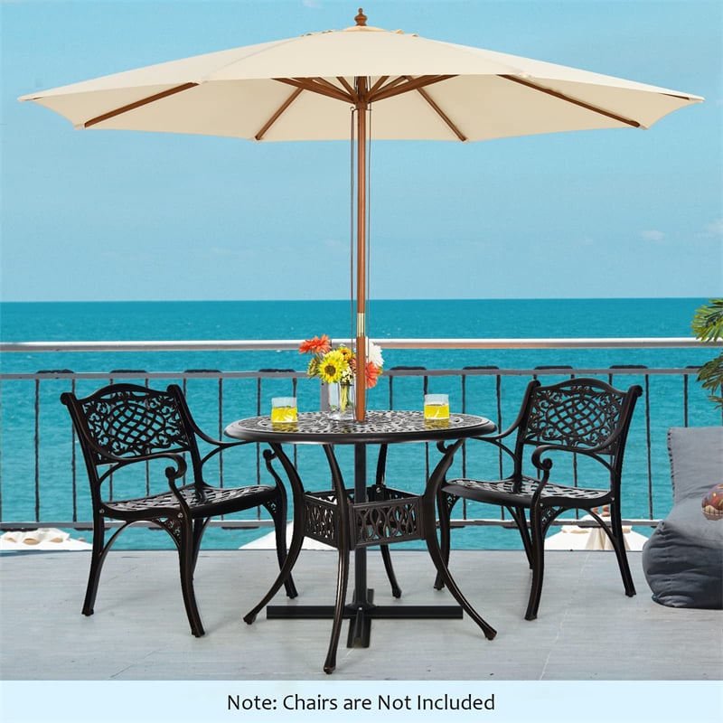 36" Cast Aluminum Bistro Table Weather Resistant Metal Round Outdoor Dining Table with Umbrella Hole & Adjustable Feet