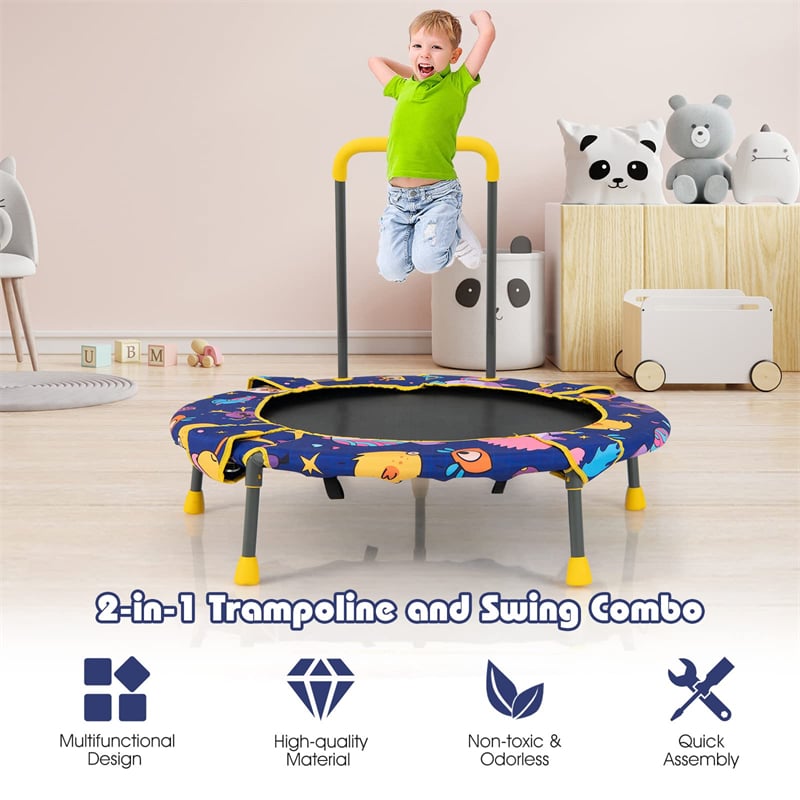 36" Foldable Mini Trampoline 2 in 1 Kids Trampoline Saucer Swing Combo with Bluetooth Audio LED Lights & Detachable Handrail