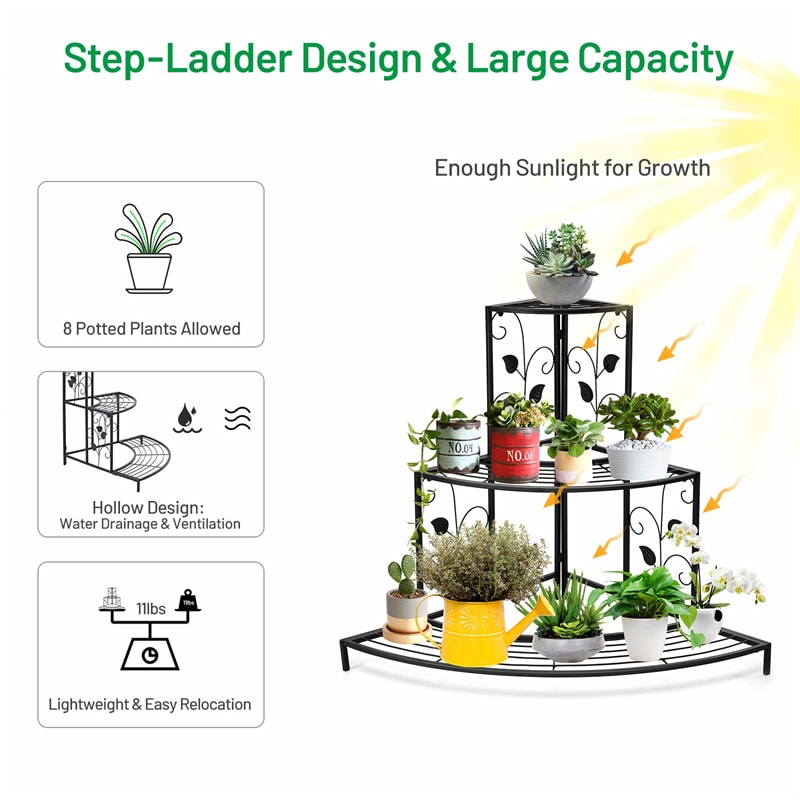 3 Tier Metal Corner Plant Stand Stair-Step Style Flower Pot Display Stand Ladder Plant Rack for Indoor Outdoor Use