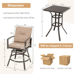 3 Piece All Weather Metal Patio Bar Height Bistro Set with Swivel Bar Stools & Cushions