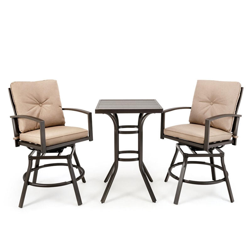 3 Piece All Weather Metal Patio Bar Height Bistro Set with Swivel Bar Stools & Cushions