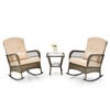 3-Piece Outdoor Wicker Rocking Bistro Set Hand-Woven PE Rattan Rocking Chairs with Tempered Glass Side Table & Cushions Pillows