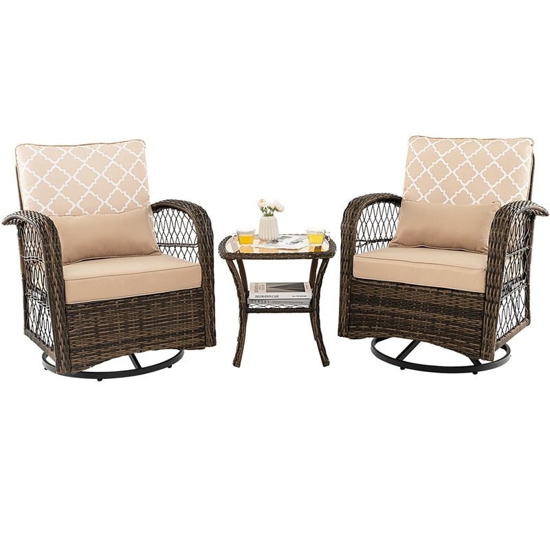 3-Piece Outdoor Wicker Swivel Rocking Chairs Set Rattan Patio Swivel Rocker with Tempered Glass Coffee Table & Cushions