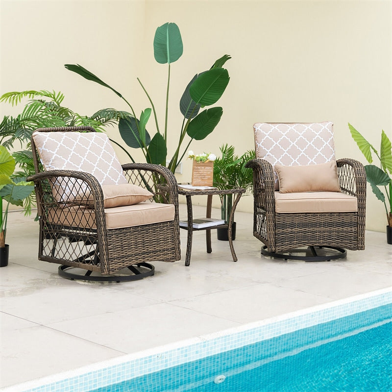 3-Piece Outdoor Wicker Swivel Rocking Chairs Set Rattan Patio Swivel Rocker with Tempered Glass Coffee Table & Cushions