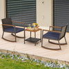3 Pieces Rattan Rocking Bistro Set Outdoor PE Wicker Rocking Chairs Metal Frame with Storage Shelf Coffee Table & Cushions