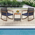 3 Pieces Rattan Rocking Bistro Set Outdoor PE Wicker Rocking Chairs Metal Frame with Storage Shelf Coffee Table & Cushions