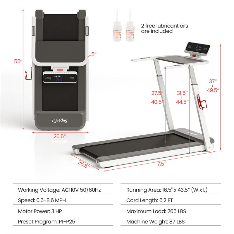 3HP Foldable Treadmill Superfit Folding Running Machine Adjustable Height with Desk, APP Control, Bluetooth Speaker & LED Display