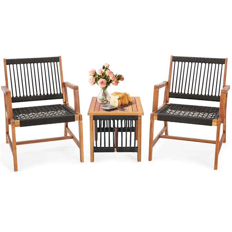 3PCS Acacia Wood Frame Outdoor Furniture All-Weather Rope Woven Patio Bistro Set with Coffee Table