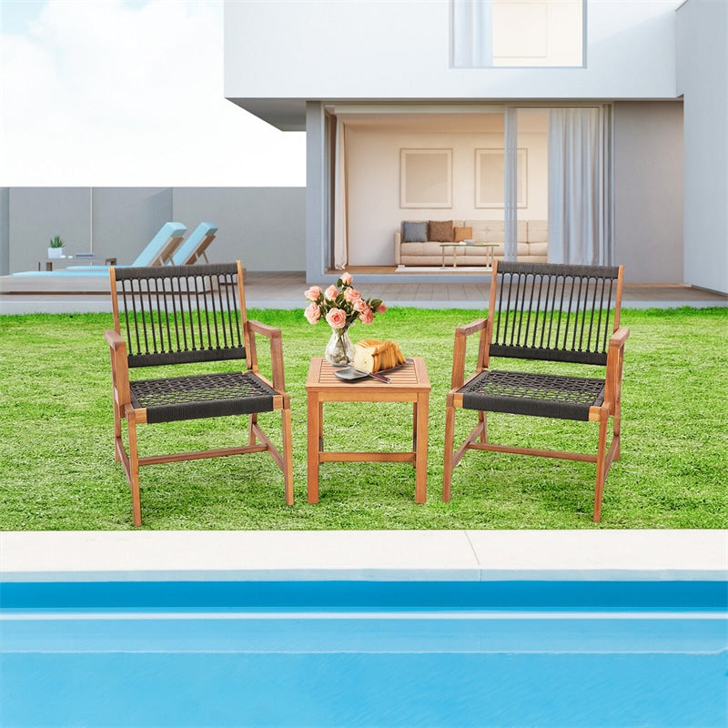 3PCS Acacia Wood Frame Outdoor Furniture All-Weather Rope Woven Patio Bistro Set with Coffee Table