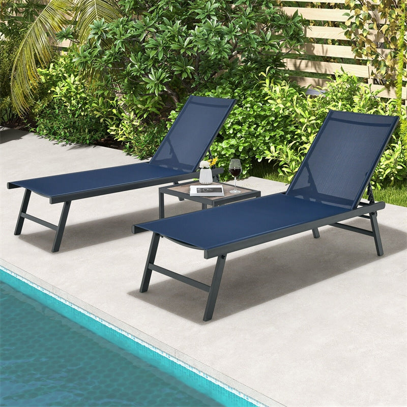 3pcs Outdoor Aluminum Chaise Lounge Set 6-Level Backrest Adjustable Patio Lounge Chair with Side Table