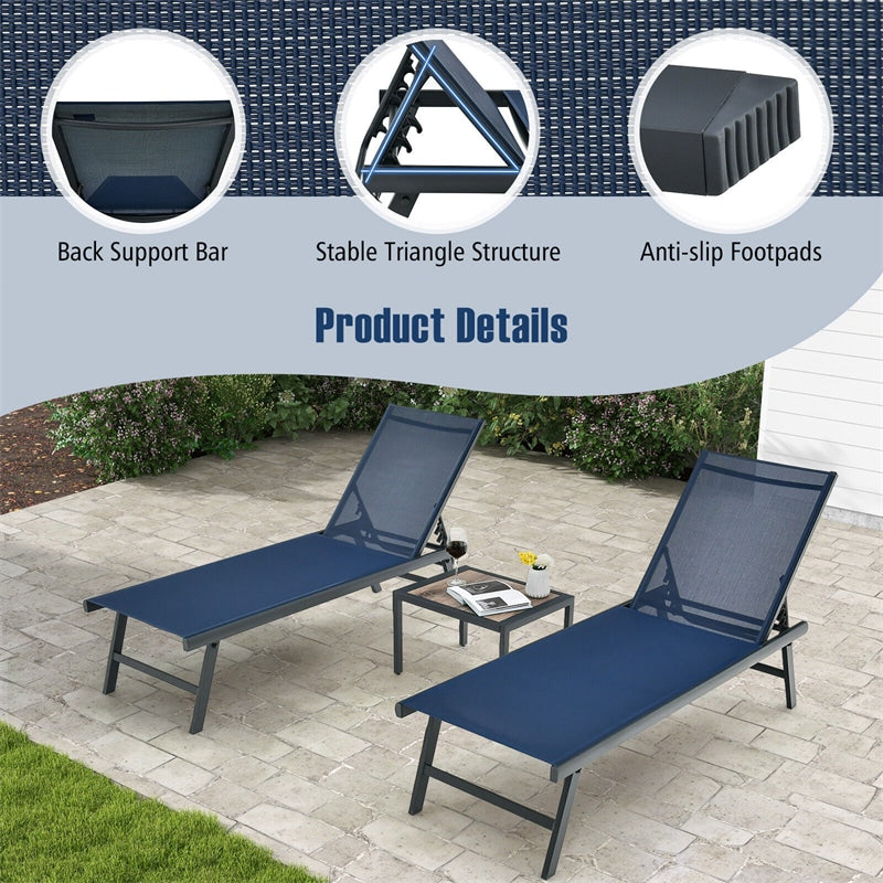 3pcs Outdoor Chaise Lounge Set Backrest Adjustable Aluminum Patio Lounge Chair with Side Table