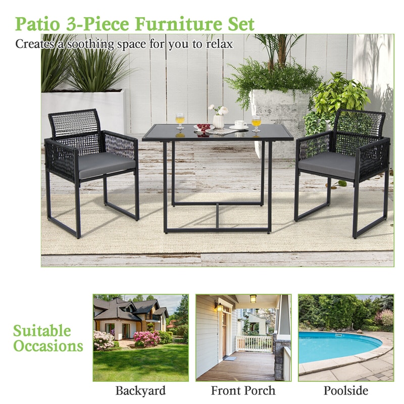 3 Piece Space Saving Outdoor Dining Set Black PE Rattan Patio Chair Table Set with Folding Backrest & Seat Cushions