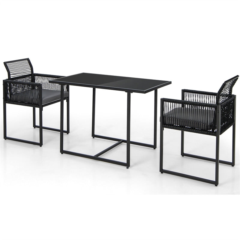 3 Piece Space Saving Outdoor Dining Set Black PE Rattan Patio Chair Table Set with Folding Backrest & Seat Cushions