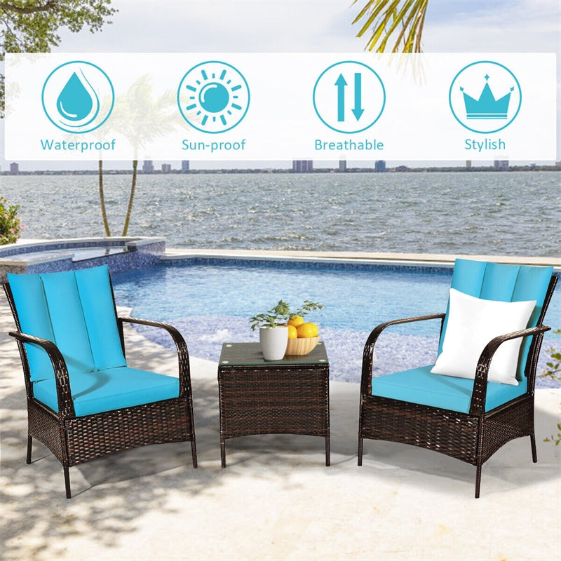 3PCS Outdoor Rattan Conversation Set Patio Wicker Chairs with Glass Top Coffee Table & Cushions