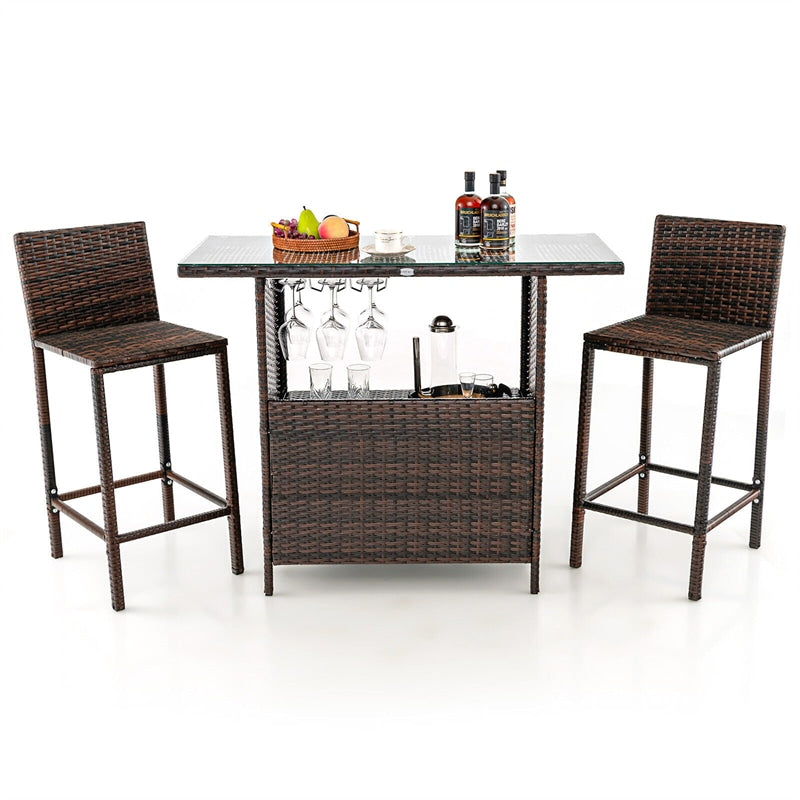 3 PCS Outdoor Wicker Bar Set Patio Rattan Bar Height Table & 2 Chairs with 3 Rows Stemware Racks and Hidden Storage Shelf