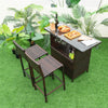 3 PCS Outdoor Wicker Bar Set Patio Rattan Bar Height Table & 2 Chairs with 3 Rows Stemware Racks and Hidden Storage Shelf