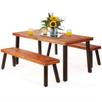 3 Piece Patio Dining Table Set Acacia Wood Table Bench Outdoor Picnic Table with Umbrella Hole, 2 Benches & Steel Legs