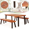 3 Piece Patio Dining Table Set Acacia Wood Table Bench Outdoor Picnic Table with Umbrella Hole, 2 Benches & Steel Legs