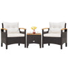 3PCS Patio Rattan Conversation Set Wicker Furniture Set with Acacia Wood Armrest Table Top & Cushions