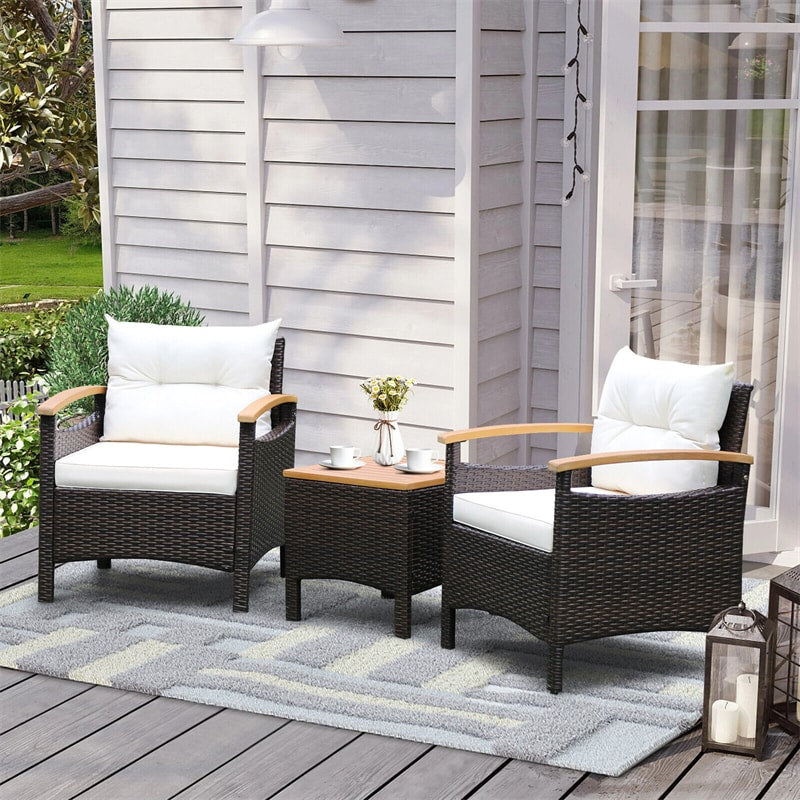 3PCS Patio Rattan Conversation Set Wicker Furniture Set with Acacia Wood Armrest Table Top & Cushions