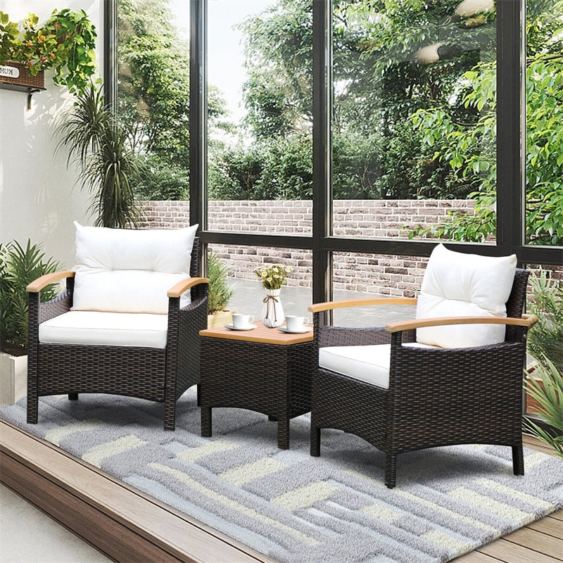 3PCS Patio Rattan Conversation Set Wicker Furniture Set with Cushioned Chairs, Acacia Wood Armrest & Table Top